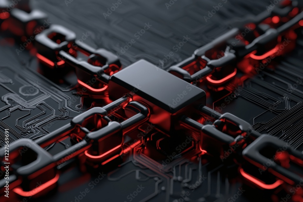 Poster a close-up view of interlinked chains with a dark, glossy finish, highlighted by red accents against
