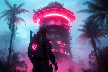 Fototapeta premium A cyberpunk-inspired depiction of a derelict skyscraper, formerly a bustling headquarters, now covered in glowing graffiti and neon vines, repurposed by a futuristic society