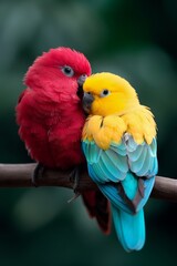 Obraz premium Colorful Parrot: A pair of brightly colored parrots perched on a tree branch in a tropical rainforest.