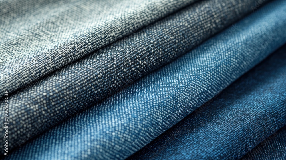 Poster close-up of stacked denim fabric in varying shades of classic indigo blue with detailed texture show