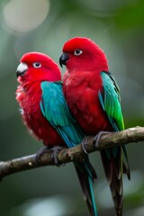 Obraz premium Colorful Parrot: A pair of brightly colored parrots perched on a tree branch in a tropical rainforest.