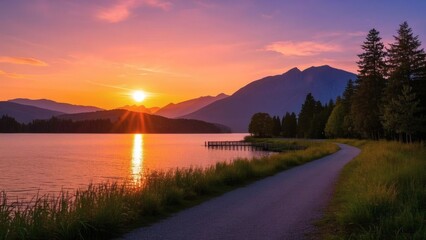 The image depicts a stunning sunset over a serene lake, with the sun partially obscured by mountains. The sky is adorned with shades of orange, pink, and purple, casting a colorful reflection on the c