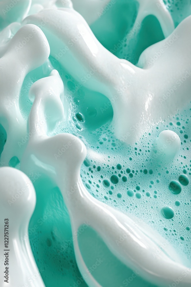 Poster foam, bubbles, and turquoise liquid texture in close-up image, showcasing artistic patterns in water