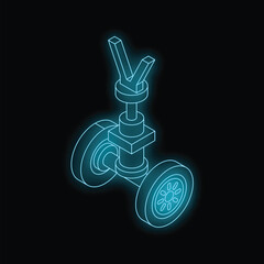 Neon glowing illustration of a mechanical part with wheels, isolated on a black background