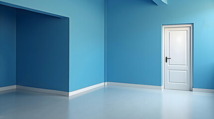 A bright, empty room with striking blue walls, a white door, and a gray floor, creating a clean and modern space ready for design or use