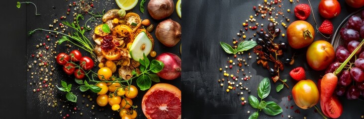 Fast food dish and health food on black stone background. Take away unhealthy set including burgers, sauces, french fries. Comparison with healthy nutrition, vegetables and fruits. Flyer for your ad.