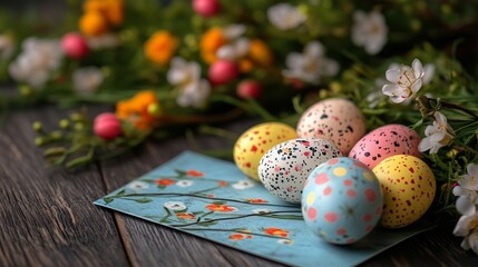 Fototapeta premium Vibrant Easter Eggs and Spring Flowers in Beautiful Arrangement