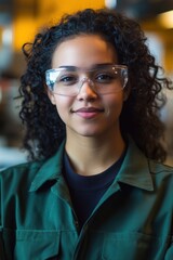 Factory worker in safety glasses at industrial facility showcasing confidence and dedication to craftsmanship, representing workforce diversity and innovation in manufacturing.