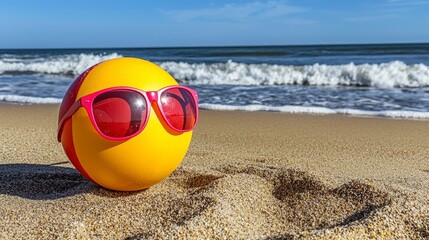 Obraz premium Beach Ball with Sunglasses on Sandy Shoreline Under Blue Sky