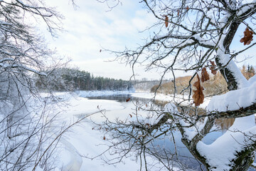 Snow, frost, Gauja river - winter landscape in national park in Latvia