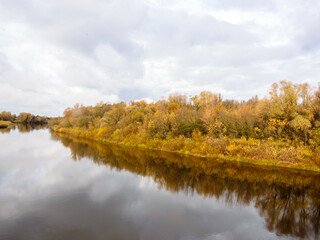 View of a river bank with yellow vegetation on an autumn day.