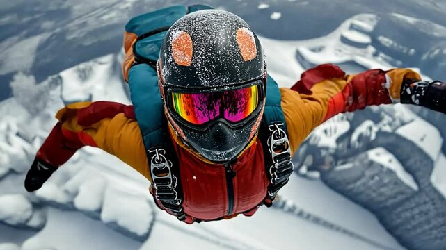 Wingsuit Flying Over Snowy Landscape: A thrilling first-person perspective of a wingsuit flyer soaring through a breathtaking snowy landscape.