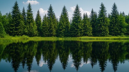 Serene forest lake reflection, summer, nature