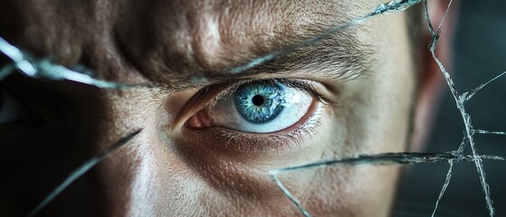 Eye, close-up of a manâ€™s face with intense expression, emotional connection, and cracked glass reflecting feelings of anxiety, tension or fear in a dark setting.