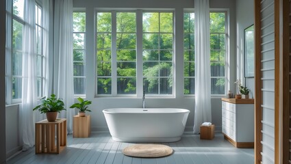 Clean and nature Interior concept of bathroom with bathtub, curtain and big window. Ai Generative.