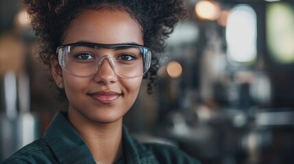 Engineer in safety goggles smiling confidently in modern workshop with machinery, showcasing diversity and innovation in the technology and manufacturing industry.