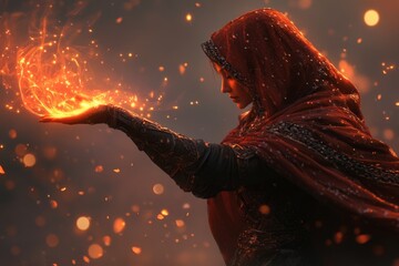 A fantasy scene of a magical storyteller, their words manifesting as glowing, fluid shapes in the air, captivating an enchanted audience