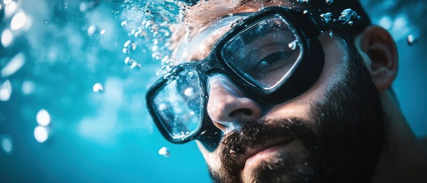 Diving, underwater exploration and a man with goggles surrounded by bubbles in clear blue water. Adventure, recreation, and marine life experience underwater.