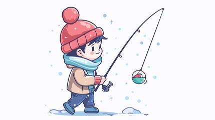 Adorable Cartoon Boy Fishing Flat Vector Illustration