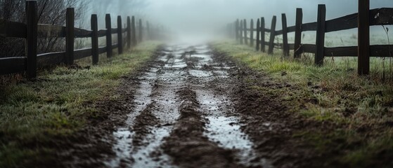 Dirt road with puddles surrounded by wooden fence under foggy morning sky. Country landscape, travel path, natures serenity, rural scene, and muddy trail.