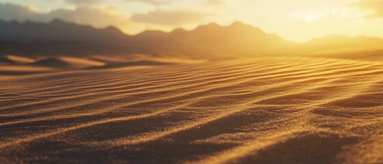 Fototapeta premium Desert landscape during sunset with soft sand dunes, tranquil nature scenery, golden hour light casting shadows, natural beauty and serene outdoor environment.