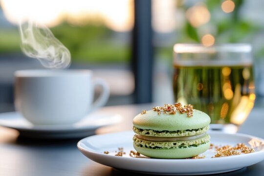 A beautifully arranged dessert scene featuring delightful green macarons alongside steaming coffee and refreshing tea, showcasing an enticing blend of flavors and aesthetics.