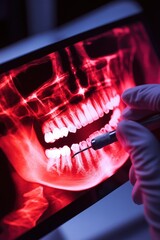 Dental X-ray analysis, dentist examining patients teeth with digital tools, showcasing oral health, dental treatment planning, and radiographic imaging technology.