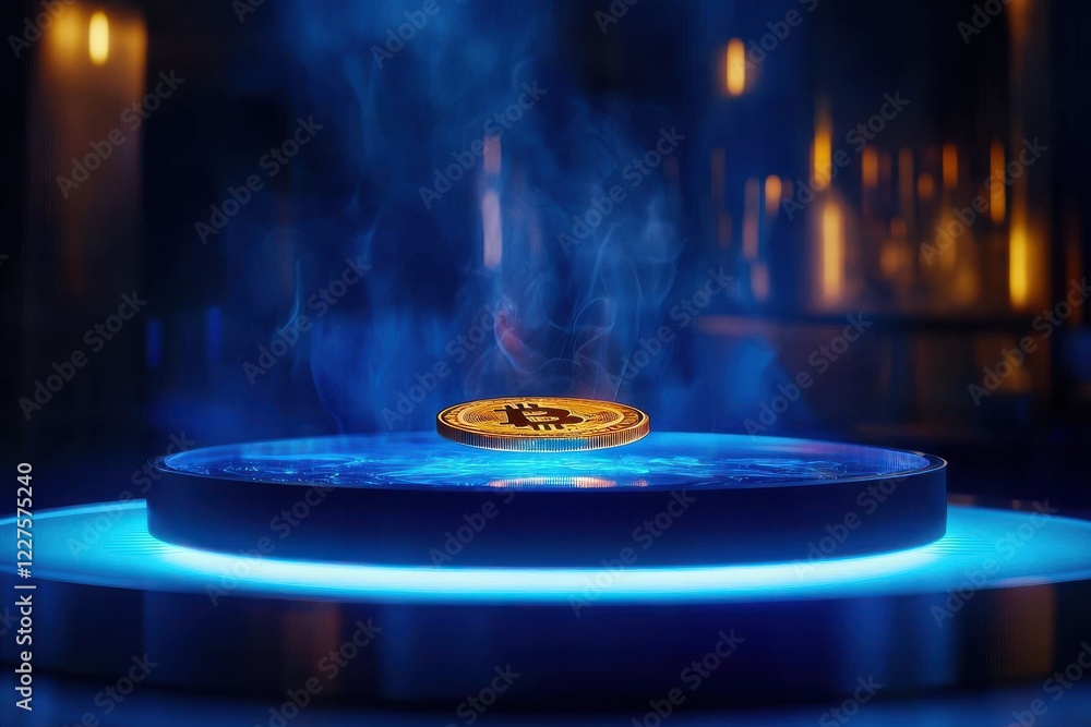 Poster a glowing golden object rests atop a circular platform, surrounded by an ethereal blue mist in a dim
