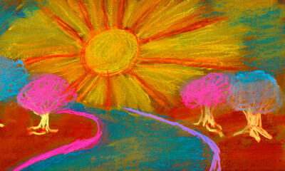 The Path - Hand drawn pastel chalk drawing with blue path and a huge sun. Anthroposophical drawing.