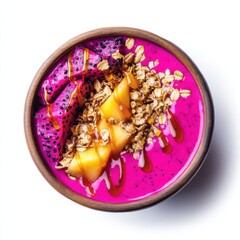 A vibrant dragon fruit smoothie bowl with granola and honey drizzle, isolated white background, modernist art style