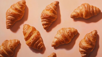 Croissants arranged on a pastel background, showcasing freshly baked pastries perfect for breakfast or brunch, ideal for culinary and food photography themes.