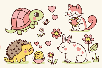 Obraz premium Cute cartoon animals, colorful illustrations, kawaii style, hearts, flowers, turtle, chameleon, dogs, cats, hamster, fish bowl, snail, hedgehog, rabbit, bird, fox, love letters, pastel colors, childis