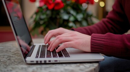 Person Typing on Laptop at Table with Flower Background