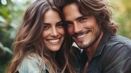 Couple smiling close together in a lush green setting, enjoying a moment of happiness and connection outdoors. Love, romance, and nature portrait photography.