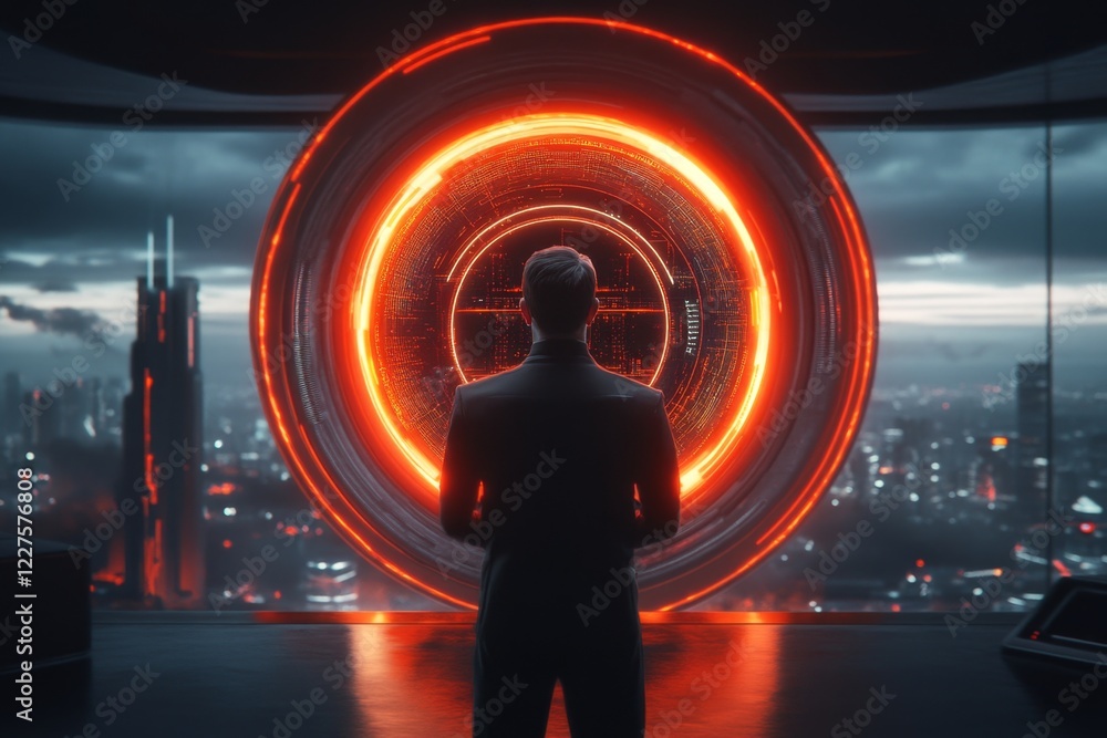 Poster a futuristic scene of a control room where a leader oversees a vast city displayed on a holographic 