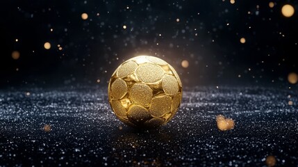Naklejka premium Golden Soccer Ball on Glitter - A sparkling golden soccer ball rests on a bed of dark glitter, illuminated by soft light. Perfect for sports, victory, or luxury themes.