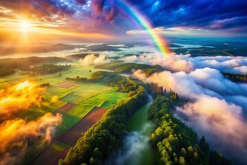 Obraz premium Aerial View Artistic Asymmetrical Watercolor Rainbow Haze Smooth Patterns