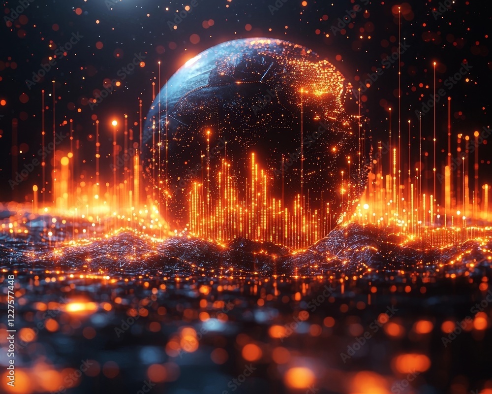 Poster glowing global business data network with interconnected trends and analytics