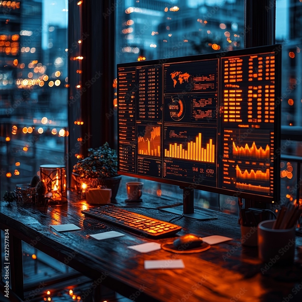 Poster dual monitor workspace displaying glowing financial data with scattered sticky notes and coffee mugs