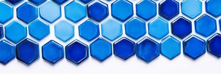 Fototapeta premium Blue Hexagon Tile Pattern - A close-up image of a repeating pattern of glossy blue hexagon tiles on a white background.
