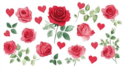 Roses and hearts isolated on white background. 
