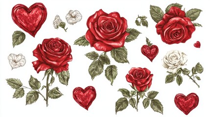 Roses and hearts isolated on white background. 