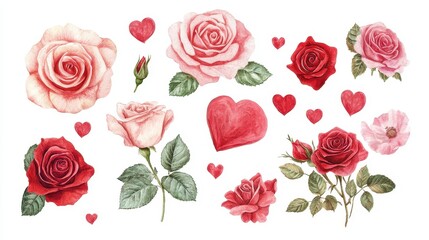 Roses and hearts isolated on white background. 