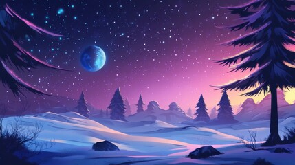 Fototapeta premium a snowy landscape with trees and a moon