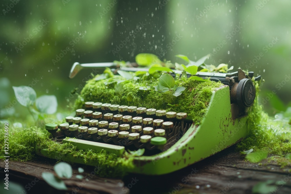 Poster a hyper-realistic close-up of an overgrown typewriter covered in moss and leaves, with light streami