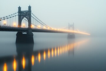Obraz premium A lengthy suspension bridge stretching over a foggy river, with faint lights illuminating its structure