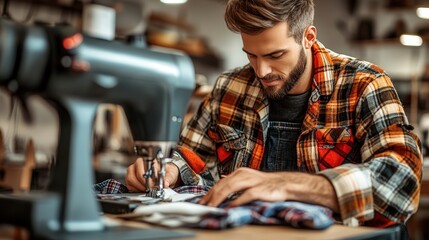 Skilled Craftsman Engaged in Tailoring Garments at Artisan Workshop with Sewing Machine in Cozy Setting