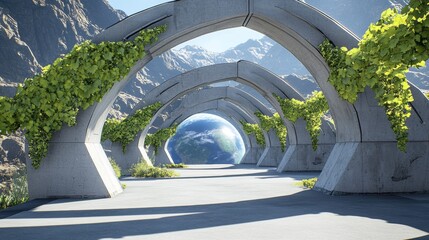 Futuristic Archway Surrounded by Greenery and Scenic Landscape View