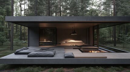 Obraz premium Modern minimalist cabin interior design in serene forest setting
