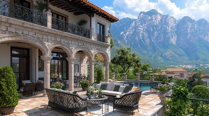 Obraz premium Elegant Outdoor Lounge Area with Stylish Furniture Overlooking Majestic Mountains and Scenic Landscape